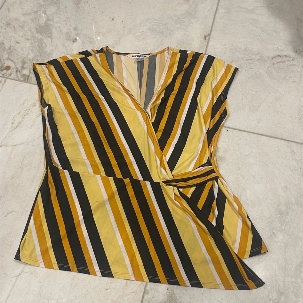 Chic Striped Wrap Blouse in Yellow and Black